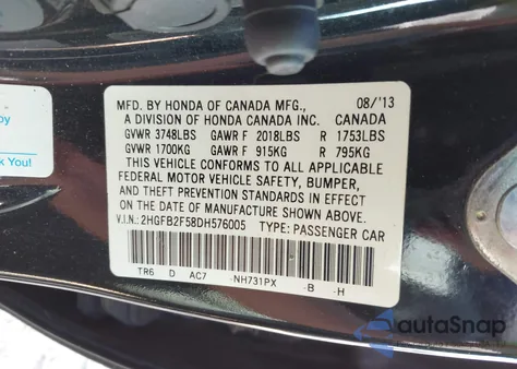 2013 Honda Civic Lx from USA, damaged, VIN 2HGFB2F58DH576005